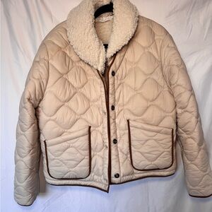 Astr Cream Quilted Jacket with Brown Trim